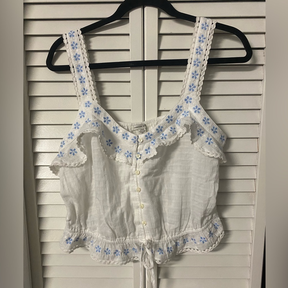 American Eagle Outfitters White Blouse with Blue Floral Accents - NEW WITH TAGS
